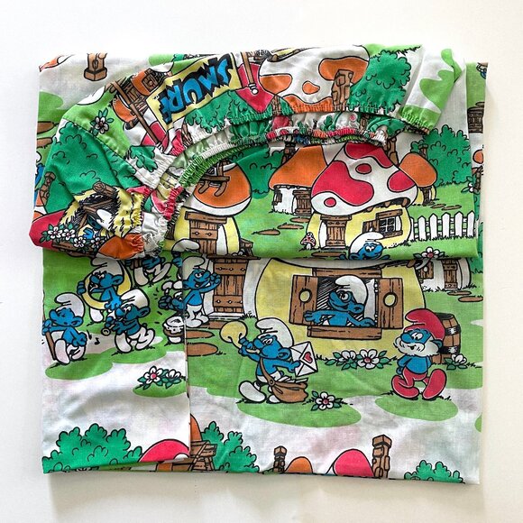 Vintage 1980s Smurf Sheet Set w Fitted Bottom + Flat Top + Pillowcase Peyo Retro - Picture 3 of 14